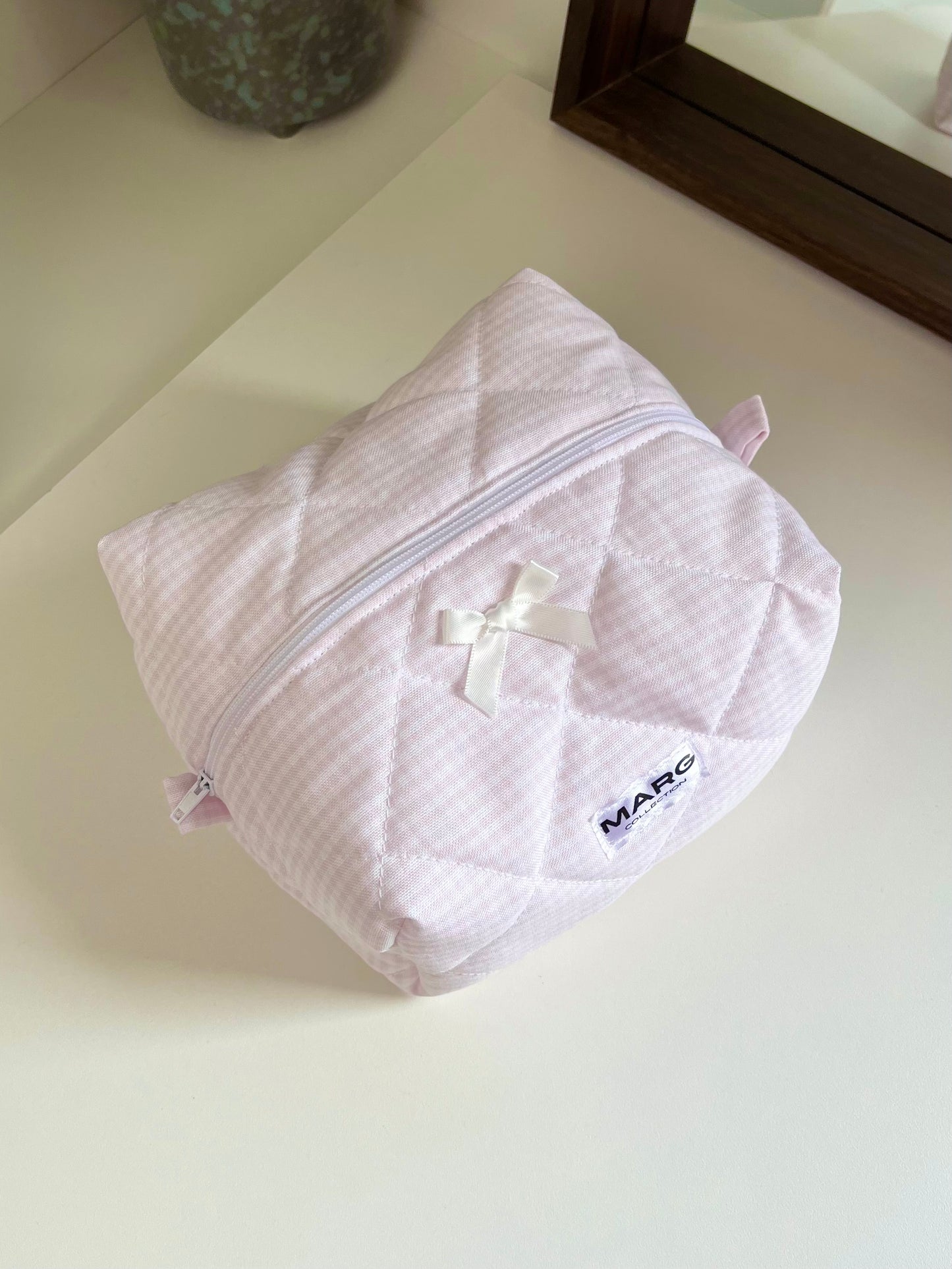 TROUSSE DE TOILETTE - VICHY ROSE PÂLE ET COTON BLANC