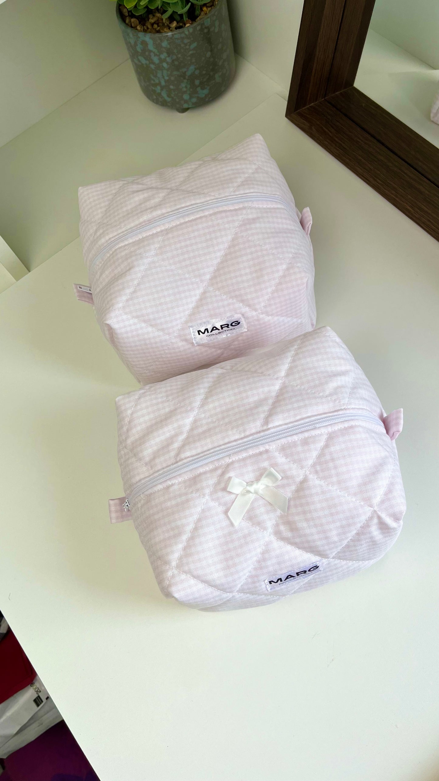 TROUSSE DE TOILETTE - VICHY ROSE PÂLE ET COTON BLANC