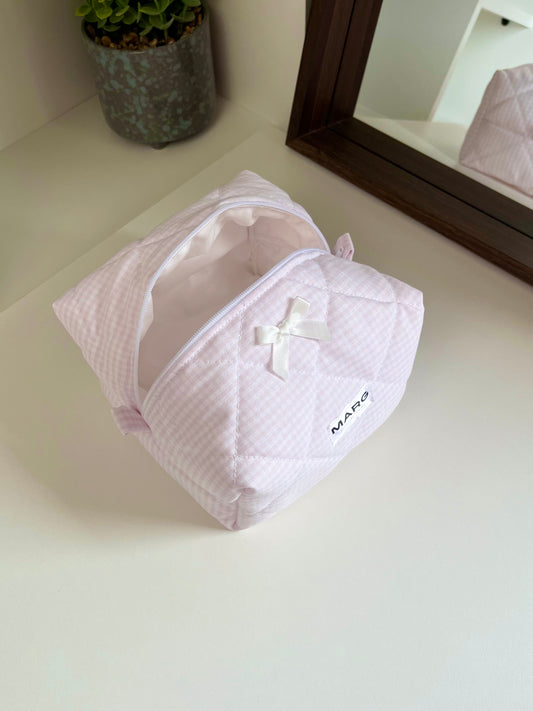 TROUSSE DE TOILETTE - VICHY ROSE PÂLE ET COTON BLANC