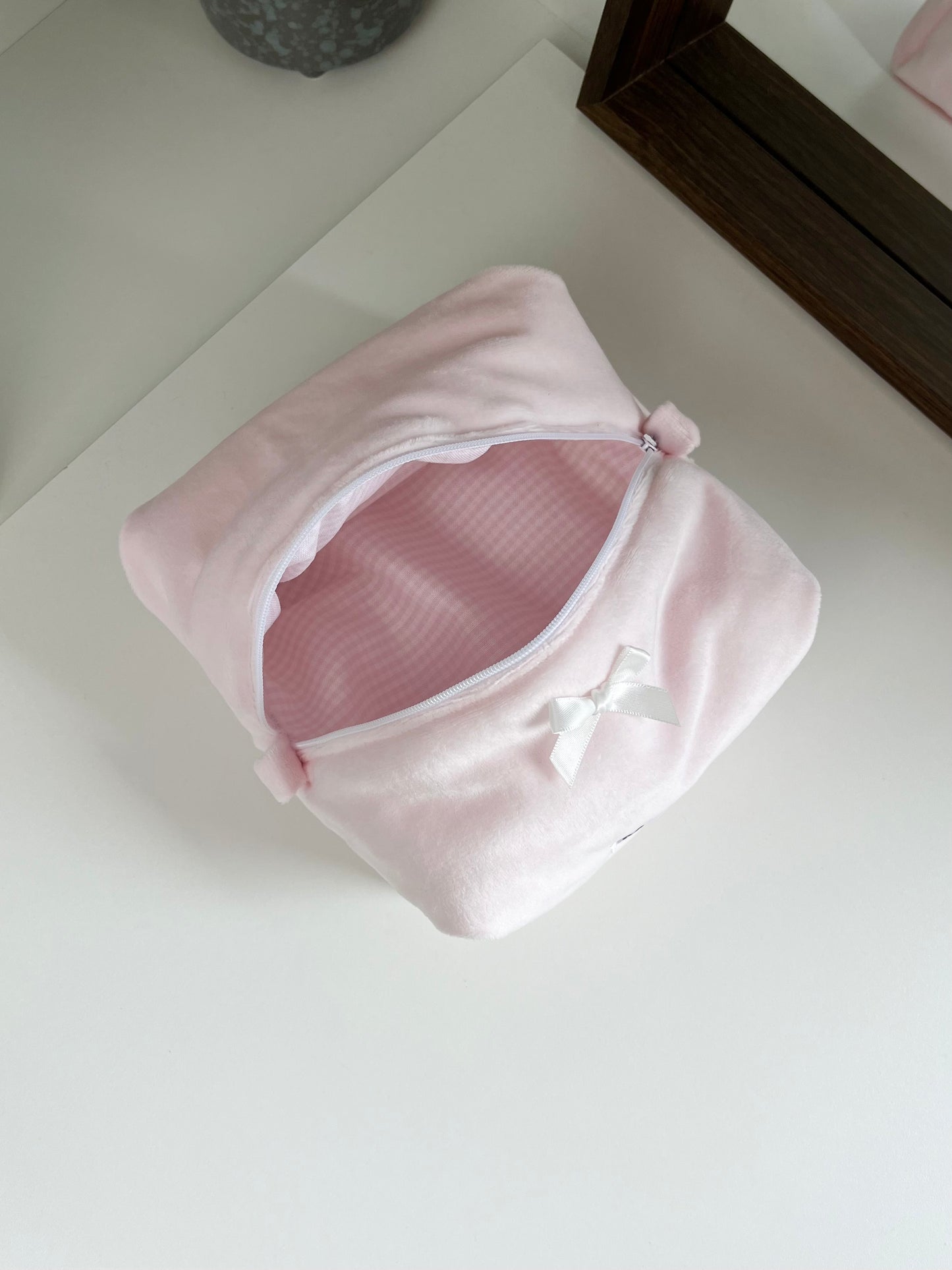 TROUSSE DE TOILETTE - MINKY ROSE ET VICHY ROSE PÂLE