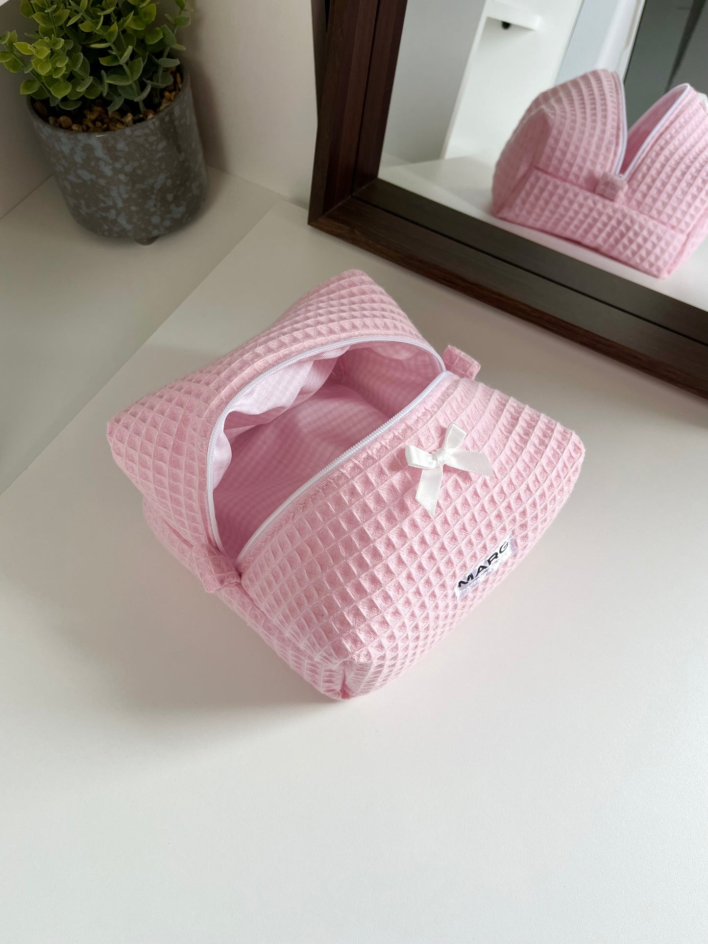 TROUSSE DE TOILETTE - NID D’ABEILLE ROSE VICHY ROSE PÂLE