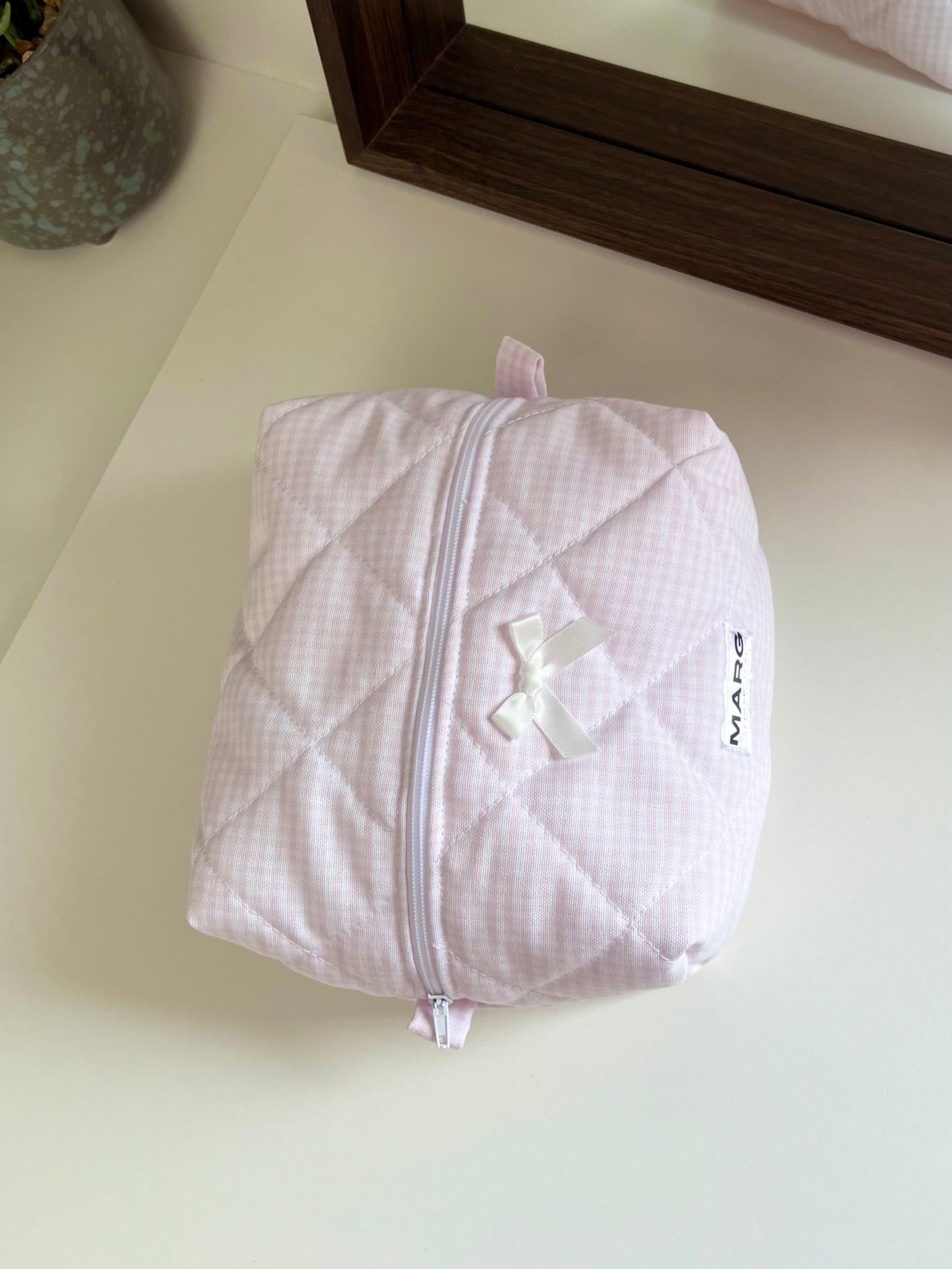 TROUSSE DE TOILETTE - VICHY ROSE PÂLE ET COTON BLANC