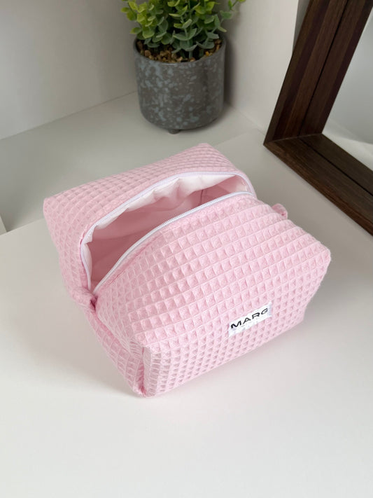 TROUSSE DE TOILETTE - NID D’ABEILLE ROSE ET COTON BLANC