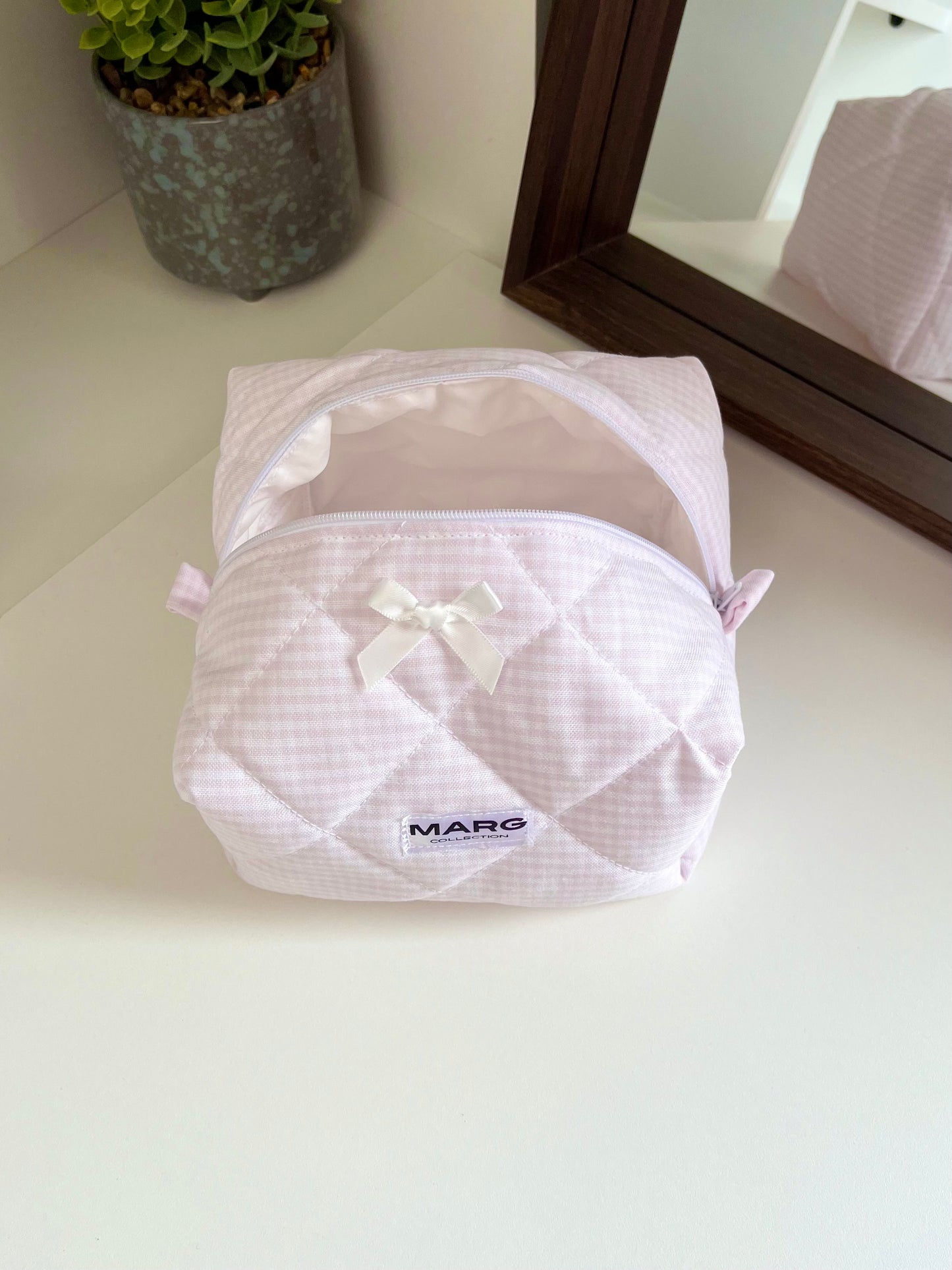 TROUSSE DE TOILETTE - VICHY ROSE PÂLE ET COTON BLANC