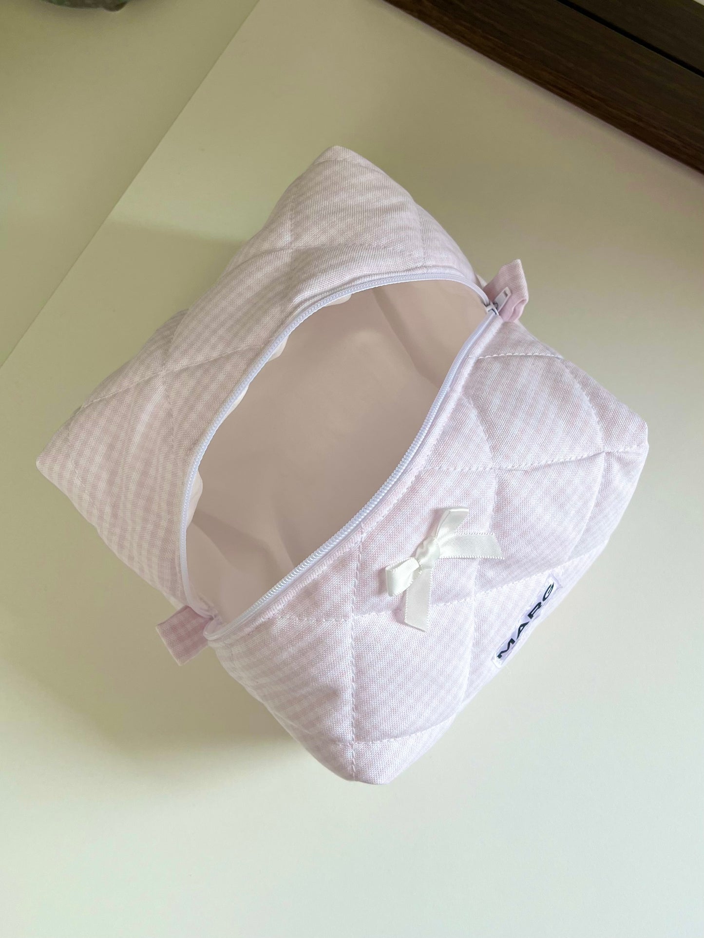 TROUSSE DE TOILETTE - VICHY ROSE PÂLE ET COTON BLANC